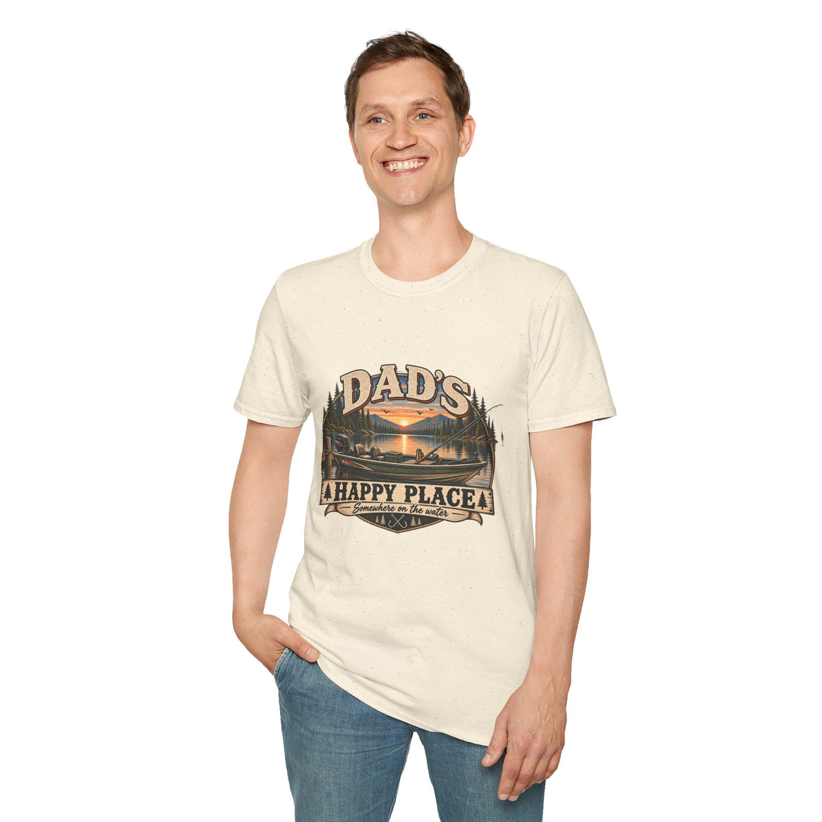 Dad's Happy Place T-Shirt | Lake Sunset Fishing Cabin Design