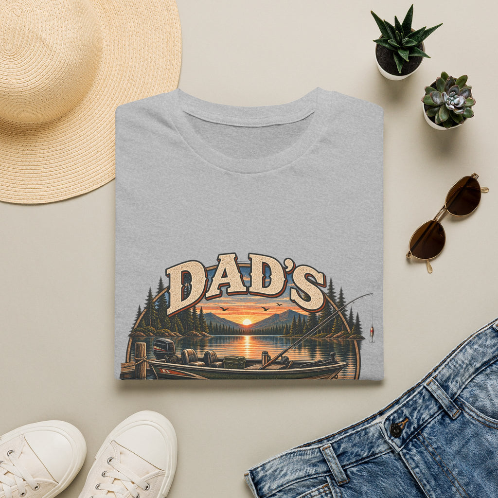 Dad's Happy Place T-Shirt | Lake Sunset Fishing Cabin Design