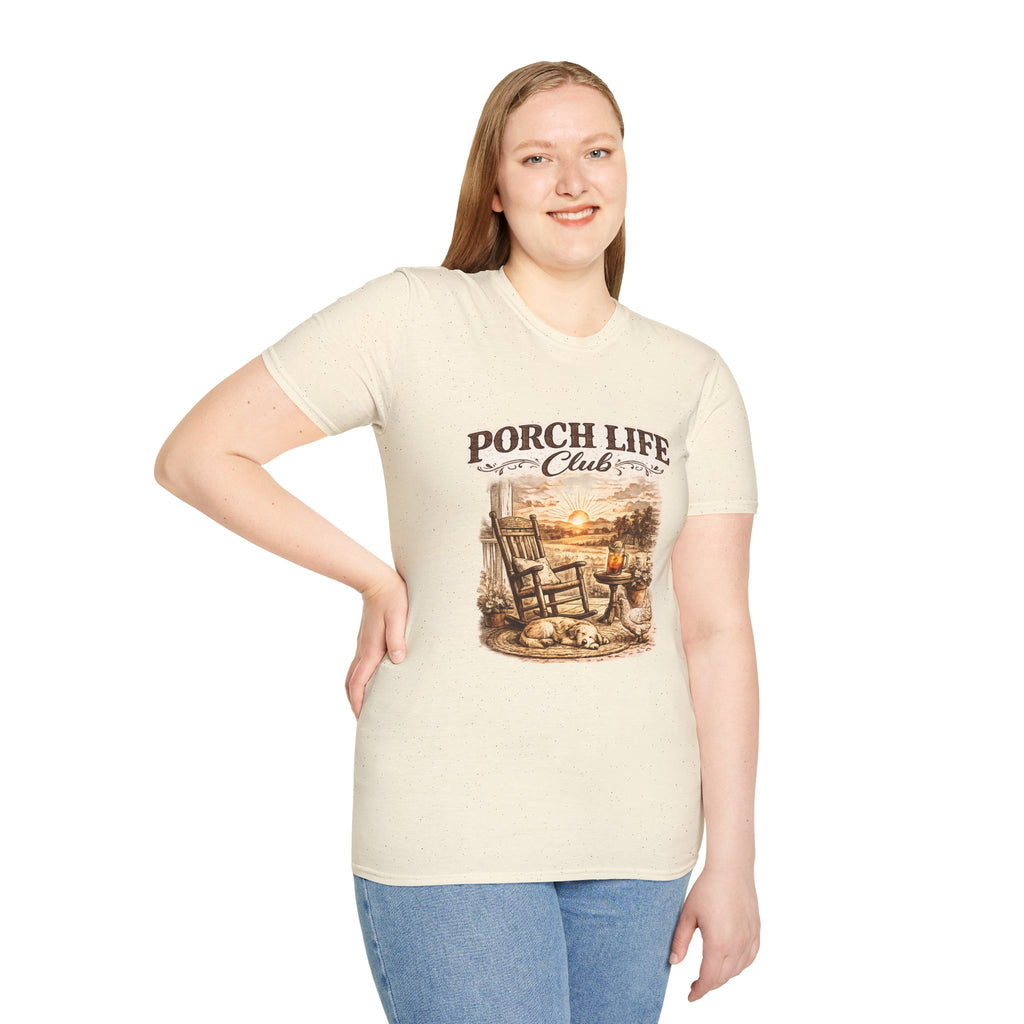 Porch Life Club T-Shirt | Rustic Sunset Rocking Chair Country Design