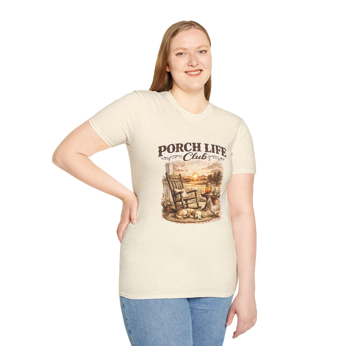 Porch Life Club T-Shirt | Rustic Sunset Rocking Chair Country Design