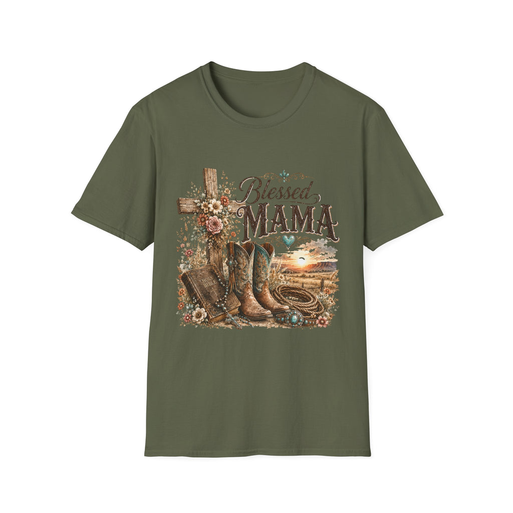 Blessed Mama cross, floral country boots T-Shirt | Rustic Christian mom shirt