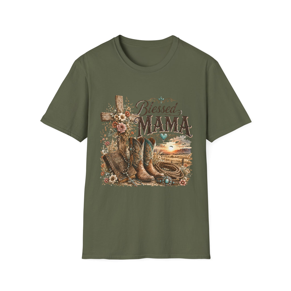 Blessed Mama cross, floral country boots T-Shirt | Rustic Christian mom shirt