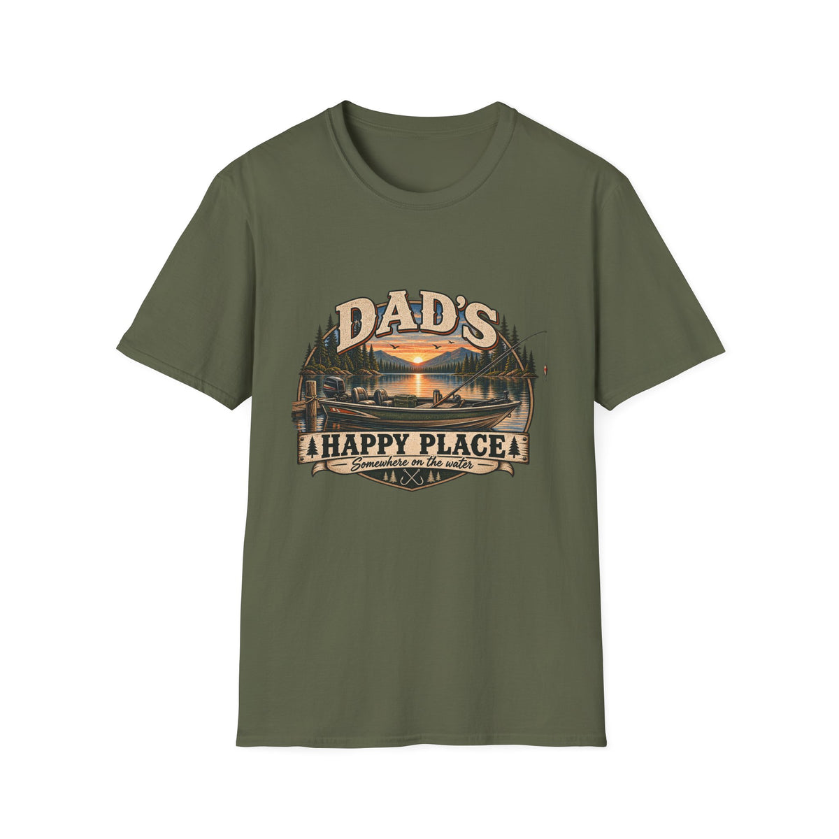 Dad's Happy Place T-Shirt | Lake Sunset Fishing Cabin Design
