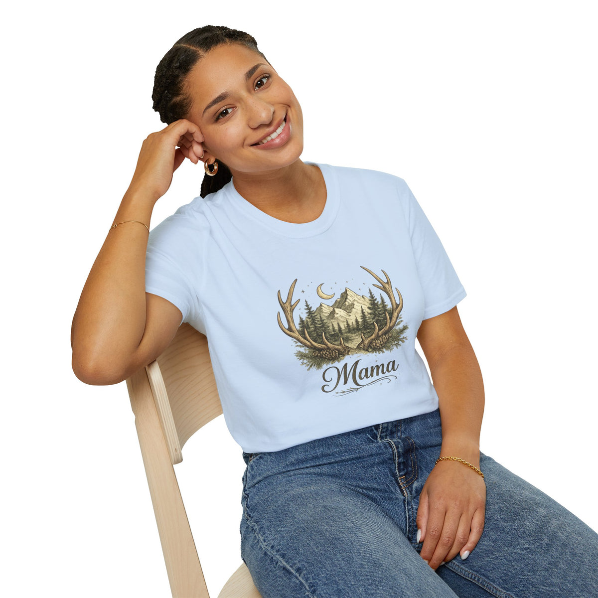 Mama Antler Mountain Forest T-Shirt | Moon, Pines, Rustic Nature