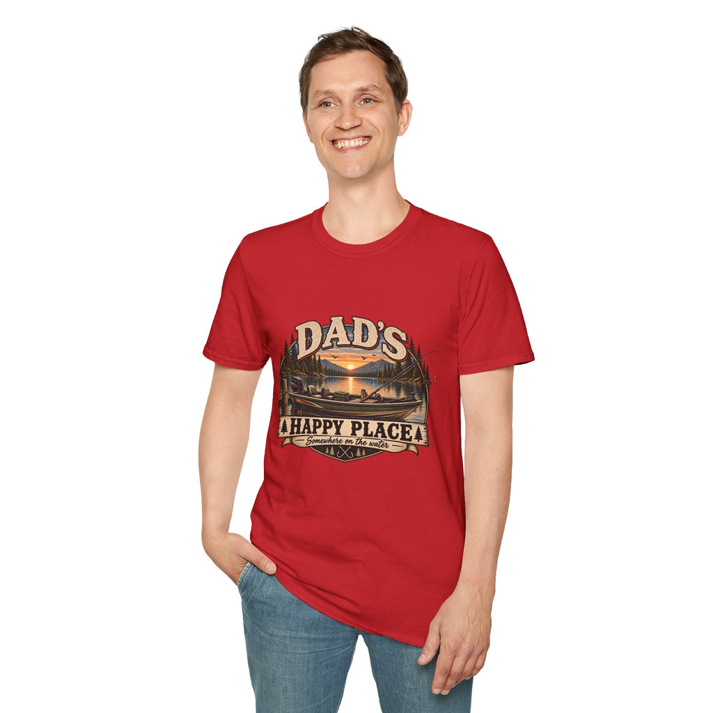 Dad's Happy Place T-Shirt | Lake Sunset Fishing Cabin Design