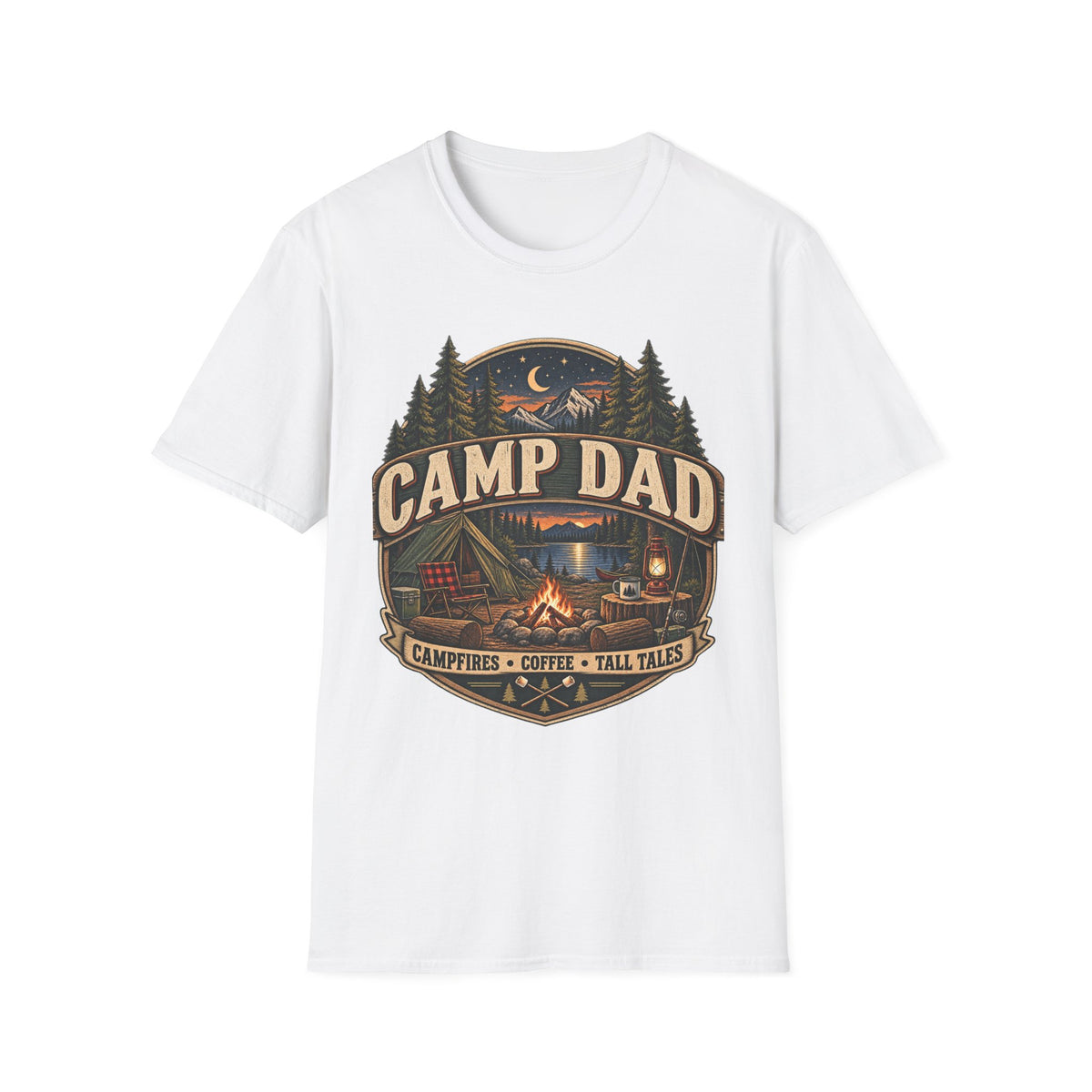 Camp Dad T-Shirt | Camping Cabin Moon Forest Design