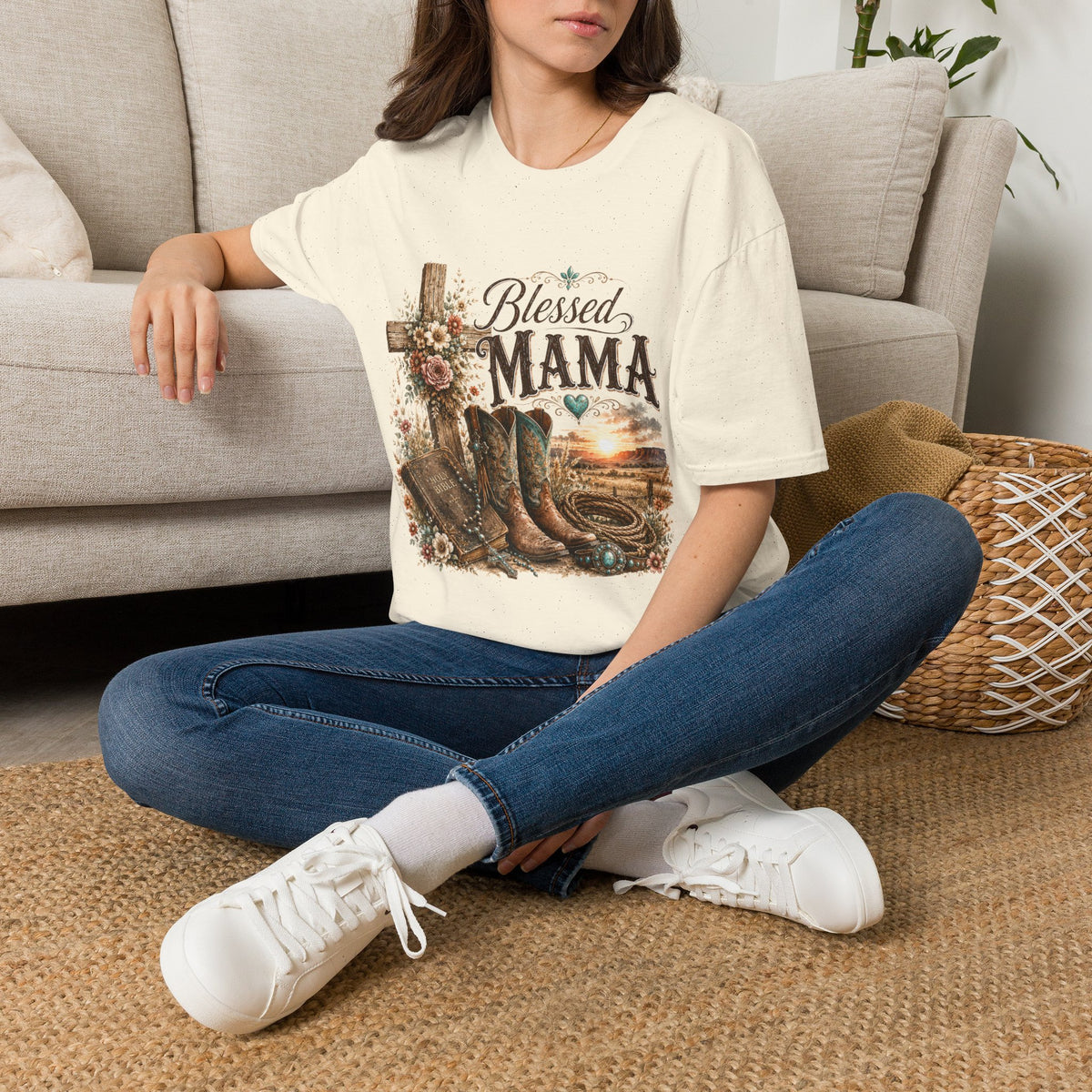 Blessed Mama cross, floral country boots T-Shirt | Rustic Christian mom shirt