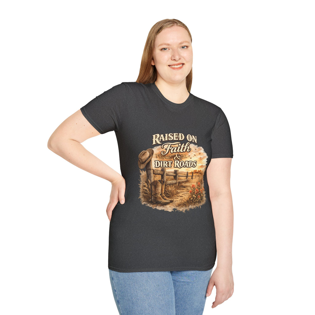 Raised on Faith & Dirt Roads T-Shirt | Country Farm Faith Graphic