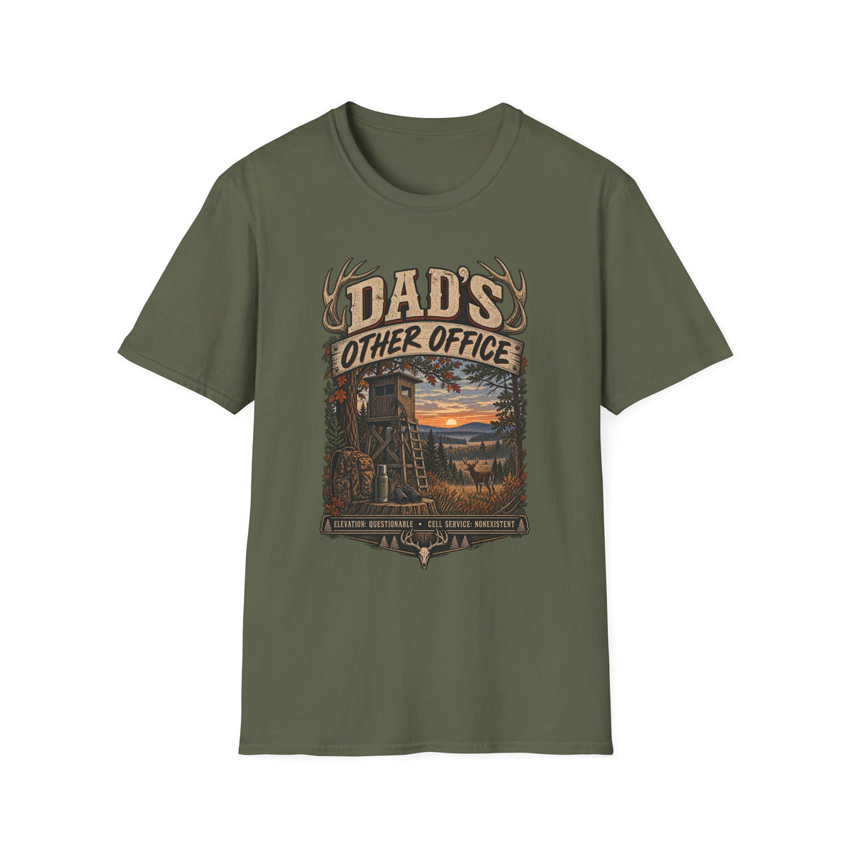 Dad's Other Office T-Shirt | Hunting Cabin Antlers Sunset