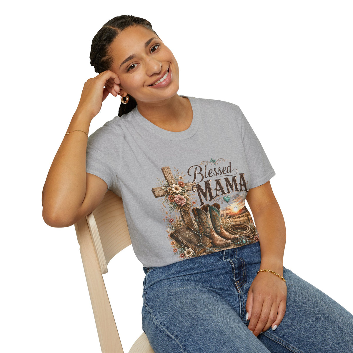 Blessed Mama cross, floral country boots T-Shirt | Rustic Christian mom shirt