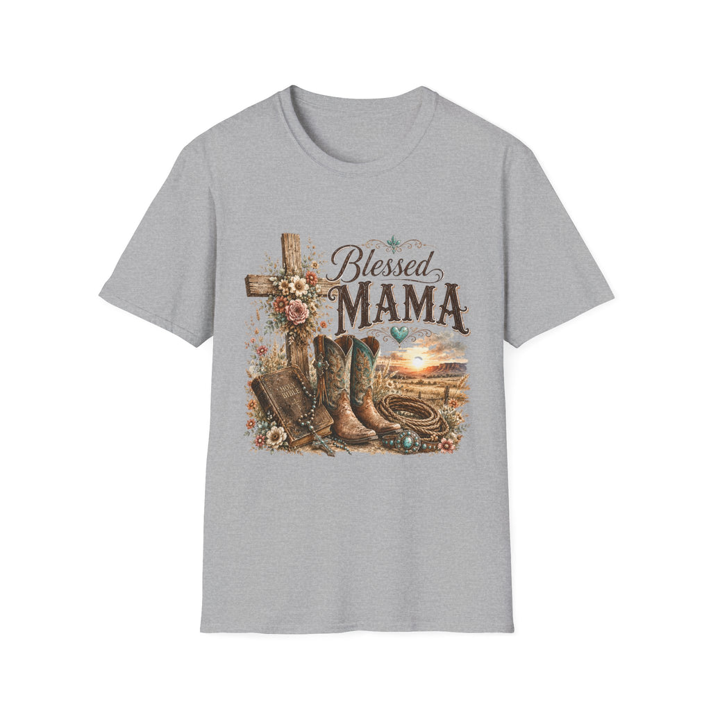 Blessed Mama cross, floral country boots T-Shirt | Rustic Christian mom shirt