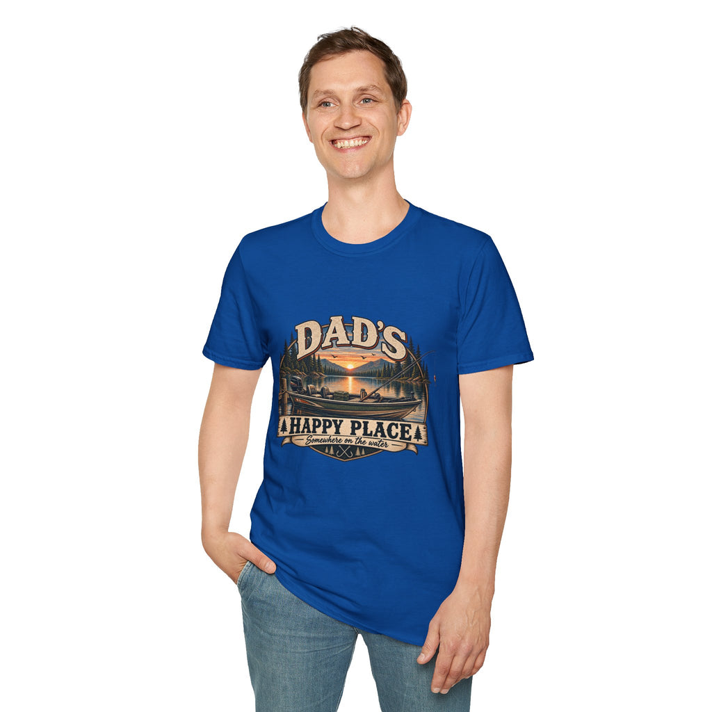 Dad's Happy Place T-Shirt | Lake Sunset Fishing Cabin Design