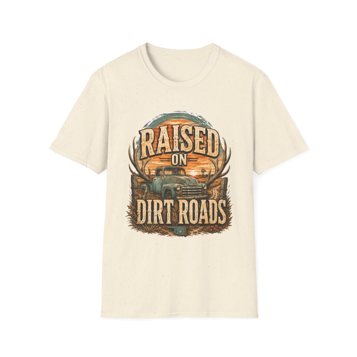 Raised on Dirt Roads T-Shirt | Truck, Antlers, Sunset Rustic Design