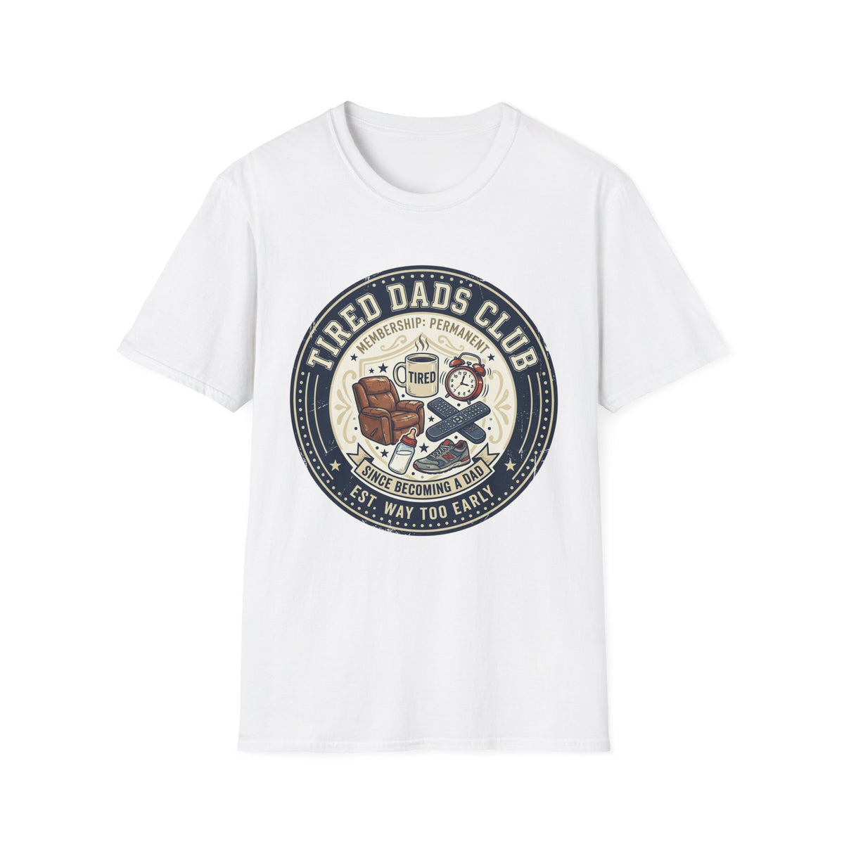 Tired Dads Club T-Shirt | Dad Life Vintage Badge, Coffee & Recliner Design