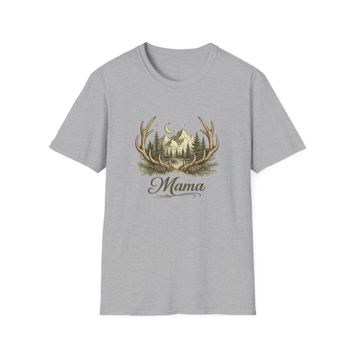Mama Antler Mountain Forest T-Shirt | Moon, Pines, Rustic Nature