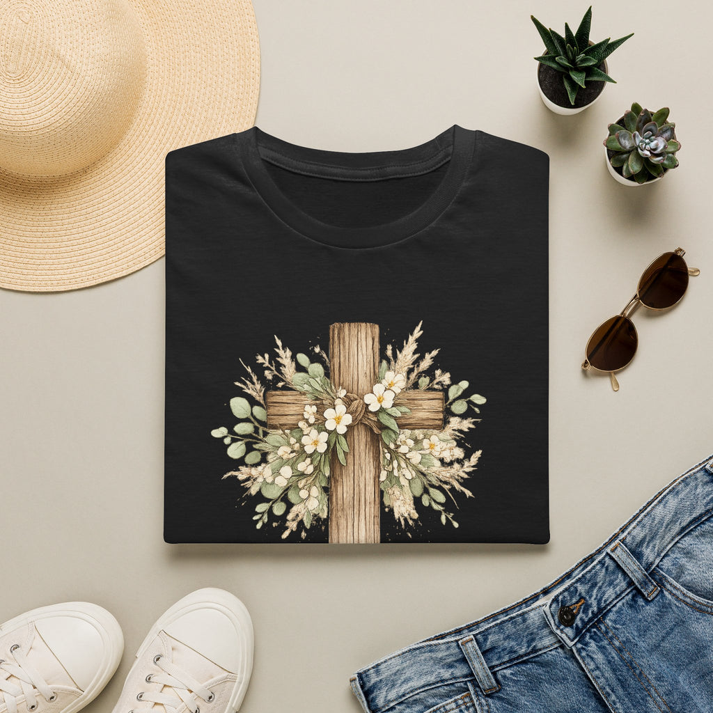 Blessed Mama wooden cross T-Shirt | floral cross mom tee