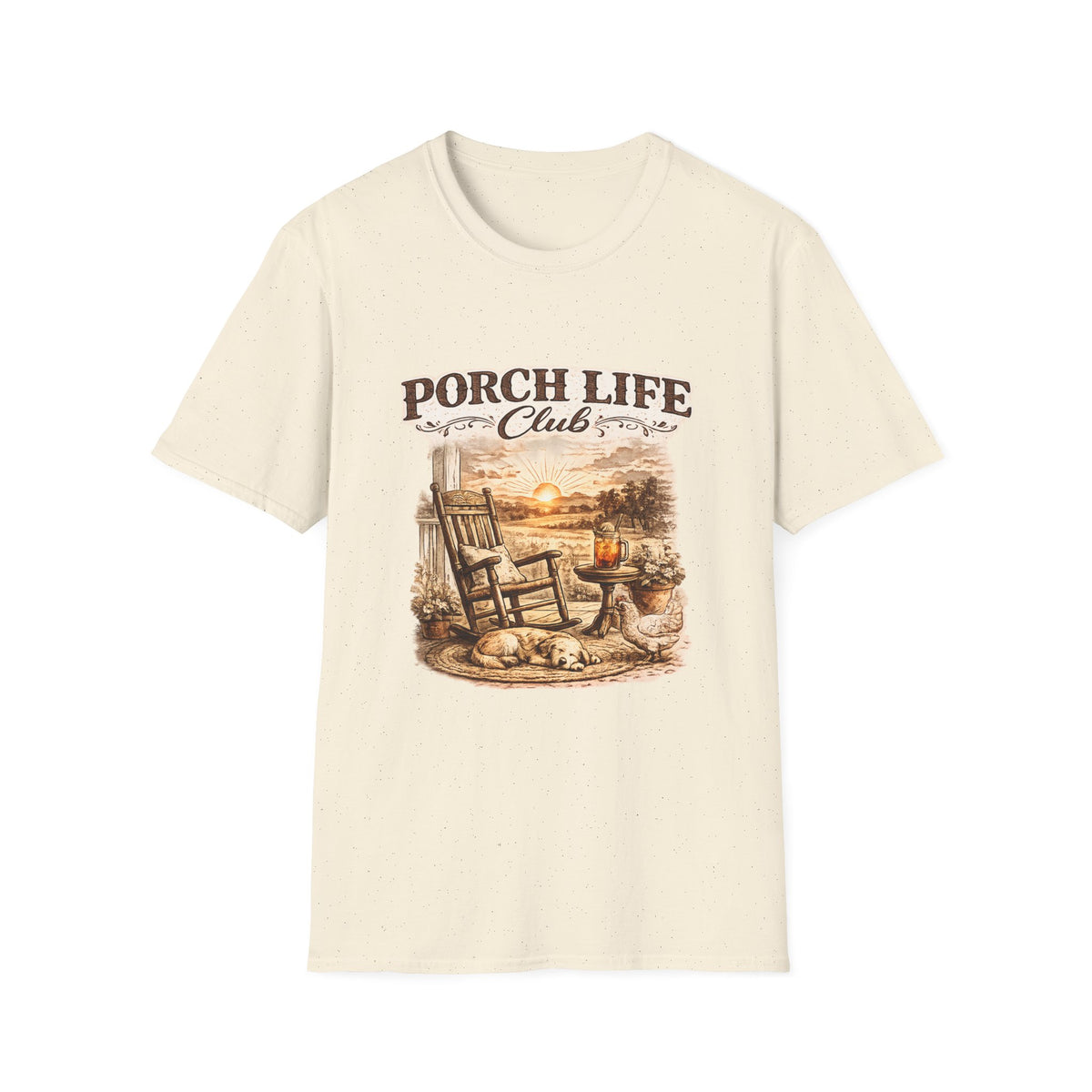 Porch Life Club T-Shirt | Rustic Sunset Rocking Chair Country Design