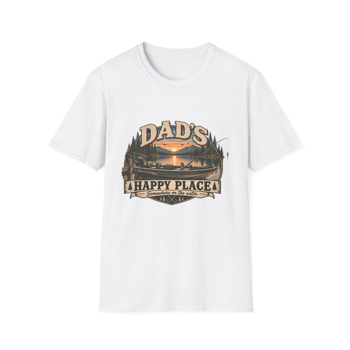 Dad's Happy Place T-Shirt | Lake Sunset Fishing Cabin Design