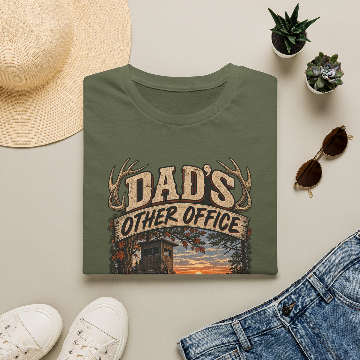 Dad's Other Office T-Shirt | Hunting Cabin Antlers Sunset