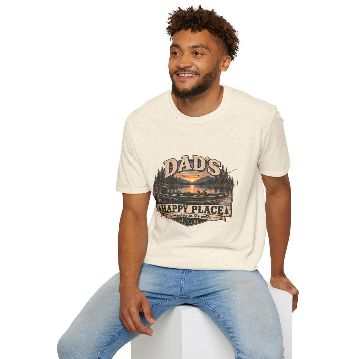 Dad's Happy Place T-Shirt | Lake Sunset Fishing Cabin Design