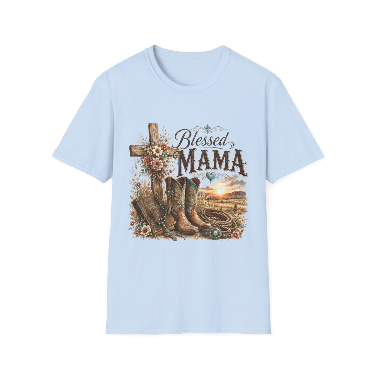 Blessed Mama cross, floral country boots T-Shirt | Rustic Christian mom shirt