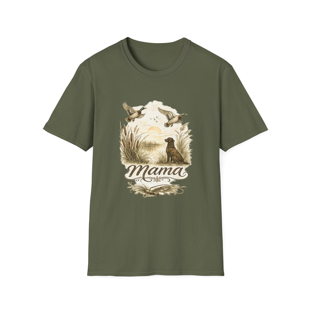 Duck Hunting Mama T-Shirt | Labrador Retriever, Flying Mallards, Rustic Outdoors