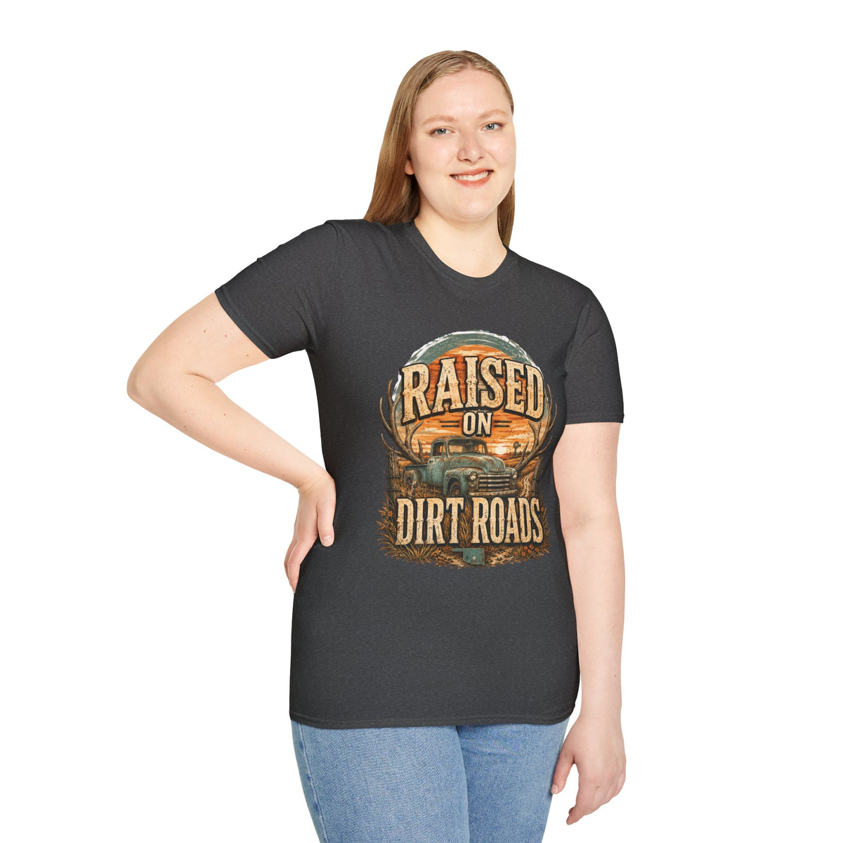 Raised on Dirt Roads T-Shirt | Truck, Antlers, Sunset Rustic Design