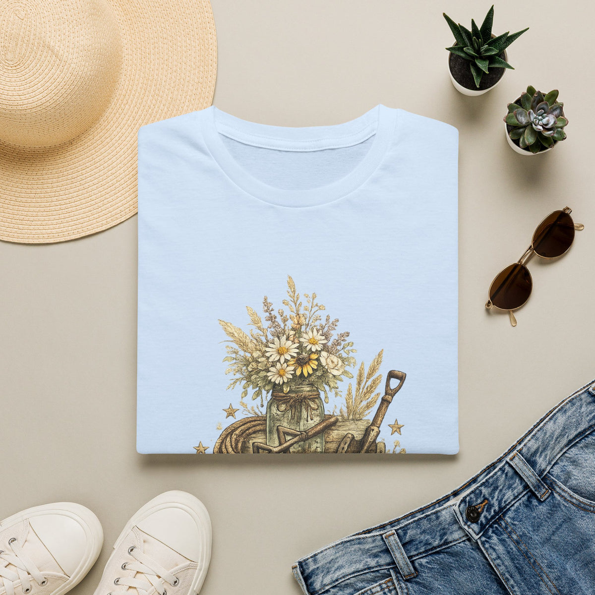 Ranch Mama Floral Bouquet T-Shirt | Rustic Wheelbarrow & Shovel
