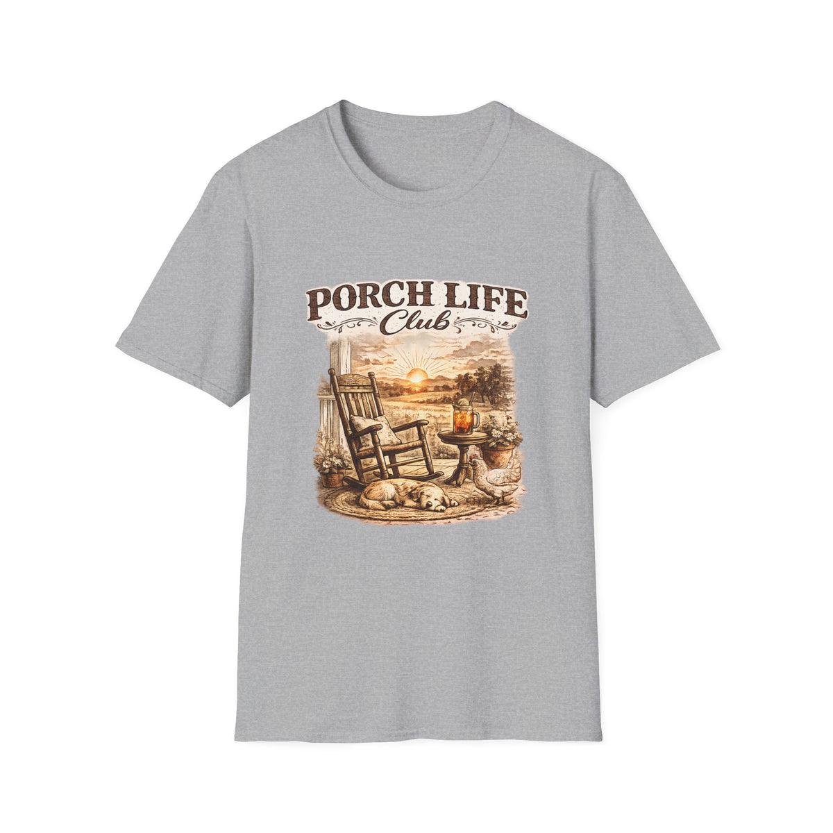 Porch Life Club T-Shirt | Rustic Sunset Rocking Chair Country Design