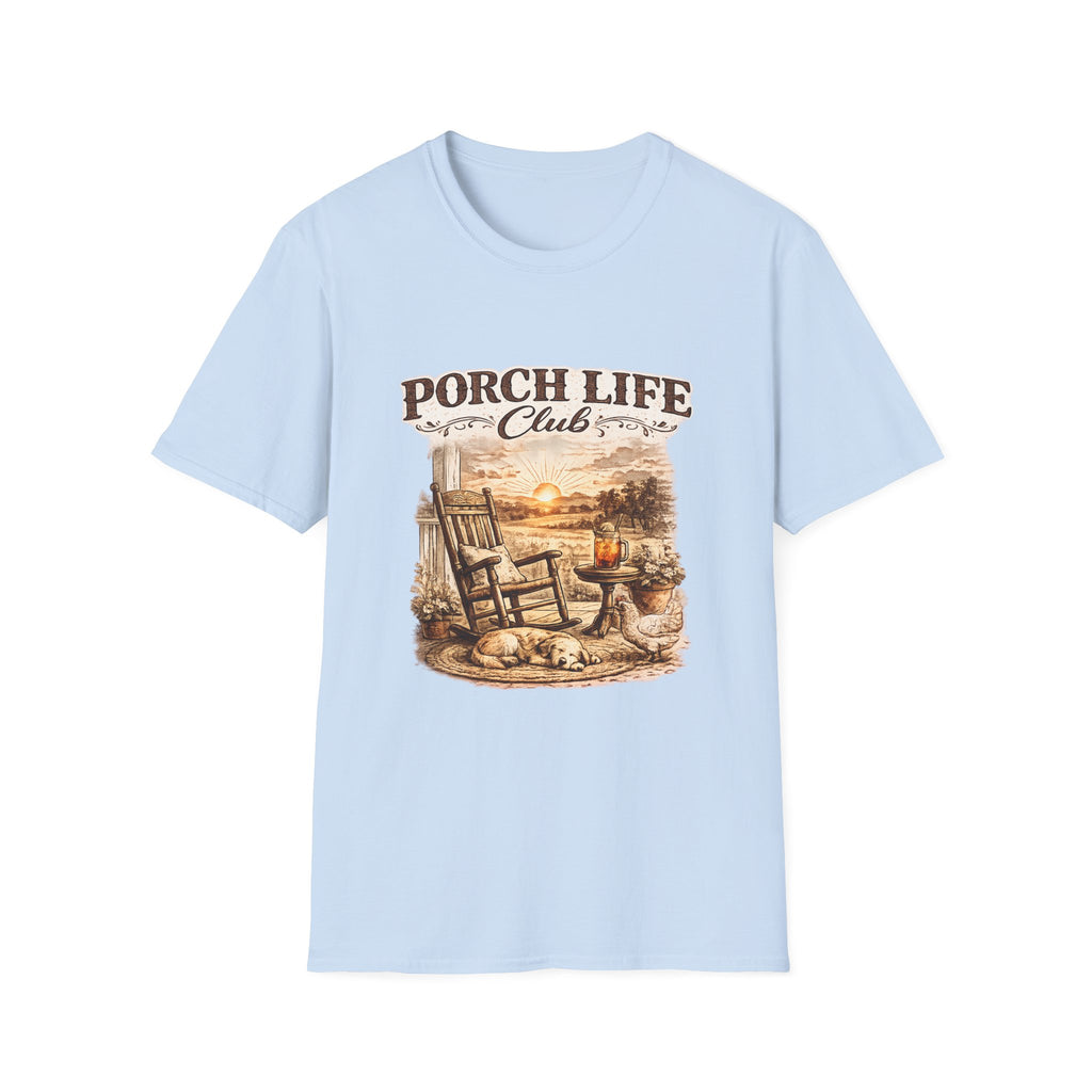 Porch Life Club T-Shirt | Rustic Sunset Rocking Chair Country Design