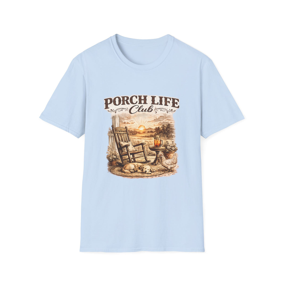 Porch Life Club T-Shirt | Rustic Sunset Rocking Chair Country Design