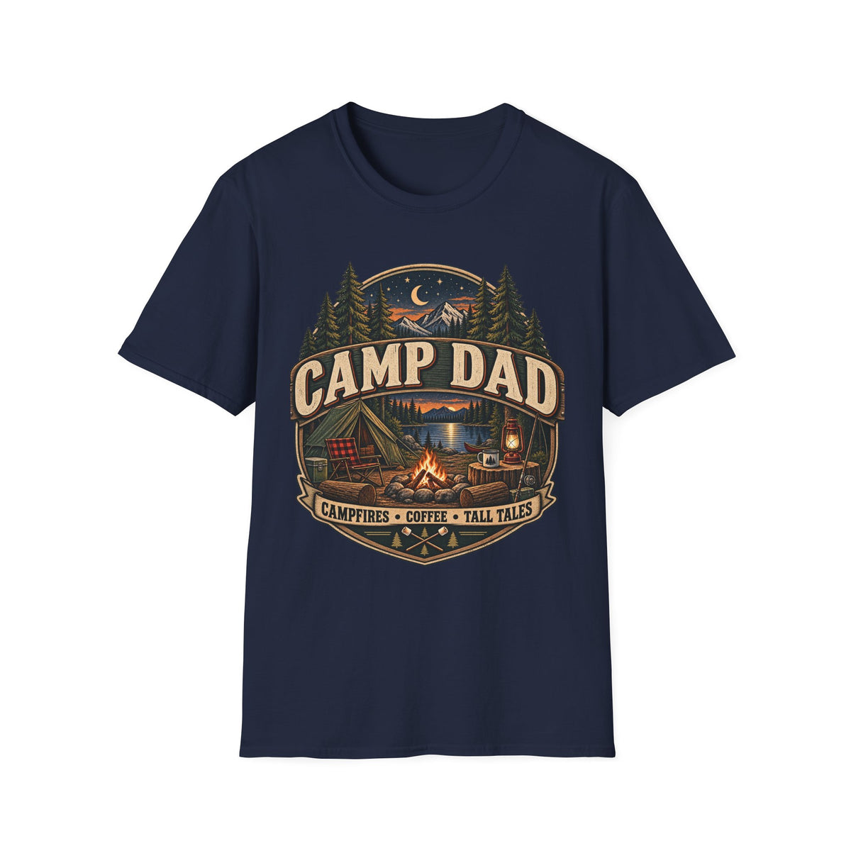 Camp Dad T-Shirt | Camping Cabin Moon Forest Design