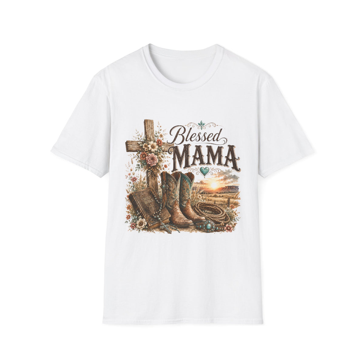 Blessed Mama cross, floral country boots T-Shirt | Rustic Christian mom shirt