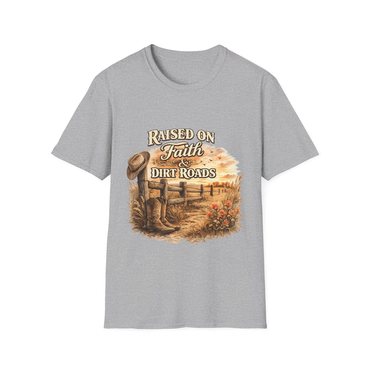 Raised on Faith & Dirt Roads T-Shirt | Country Farm Faith Graphic