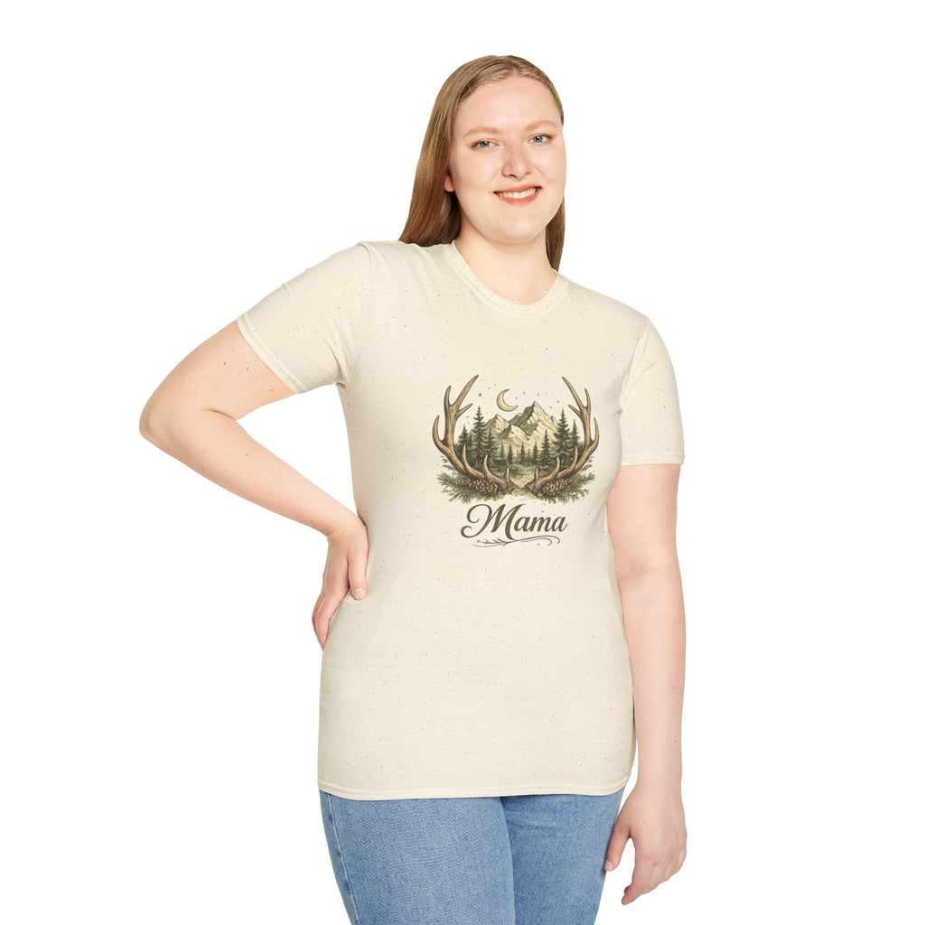Mama Antler Mountain Forest T-Shirt | Moon, Pines, Rustic Nature