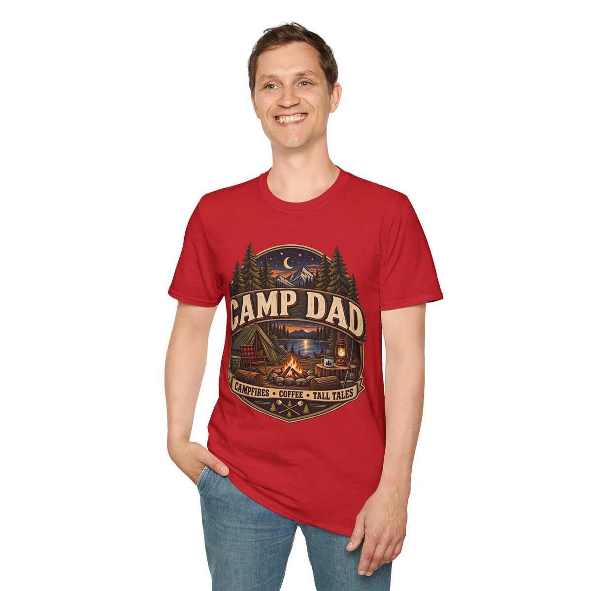 Camp Dad T-Shirt | Camping Cabin Moon Forest Design