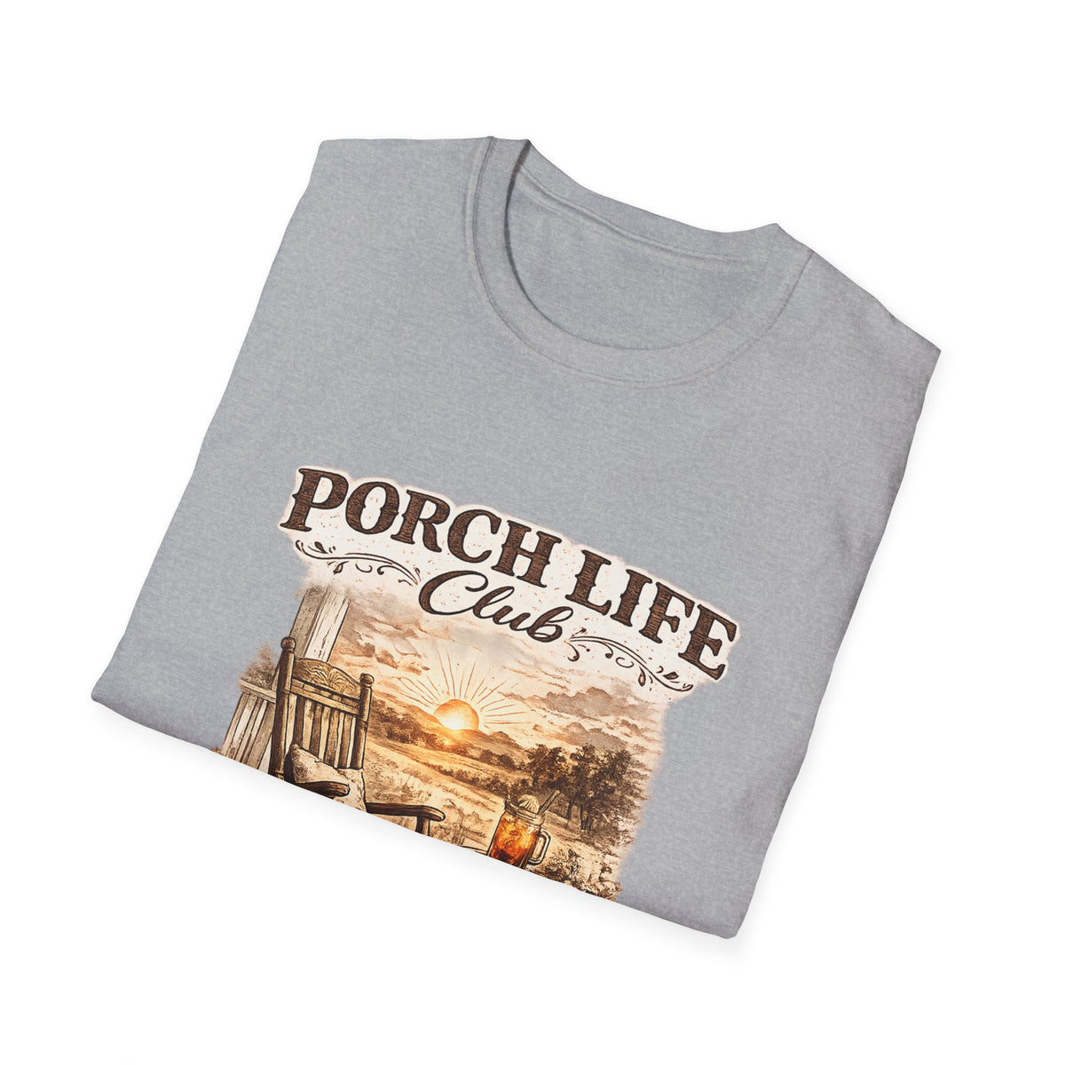 Porch Life Club T-Shirt | Rustic Sunset Rocking Chair Country Design