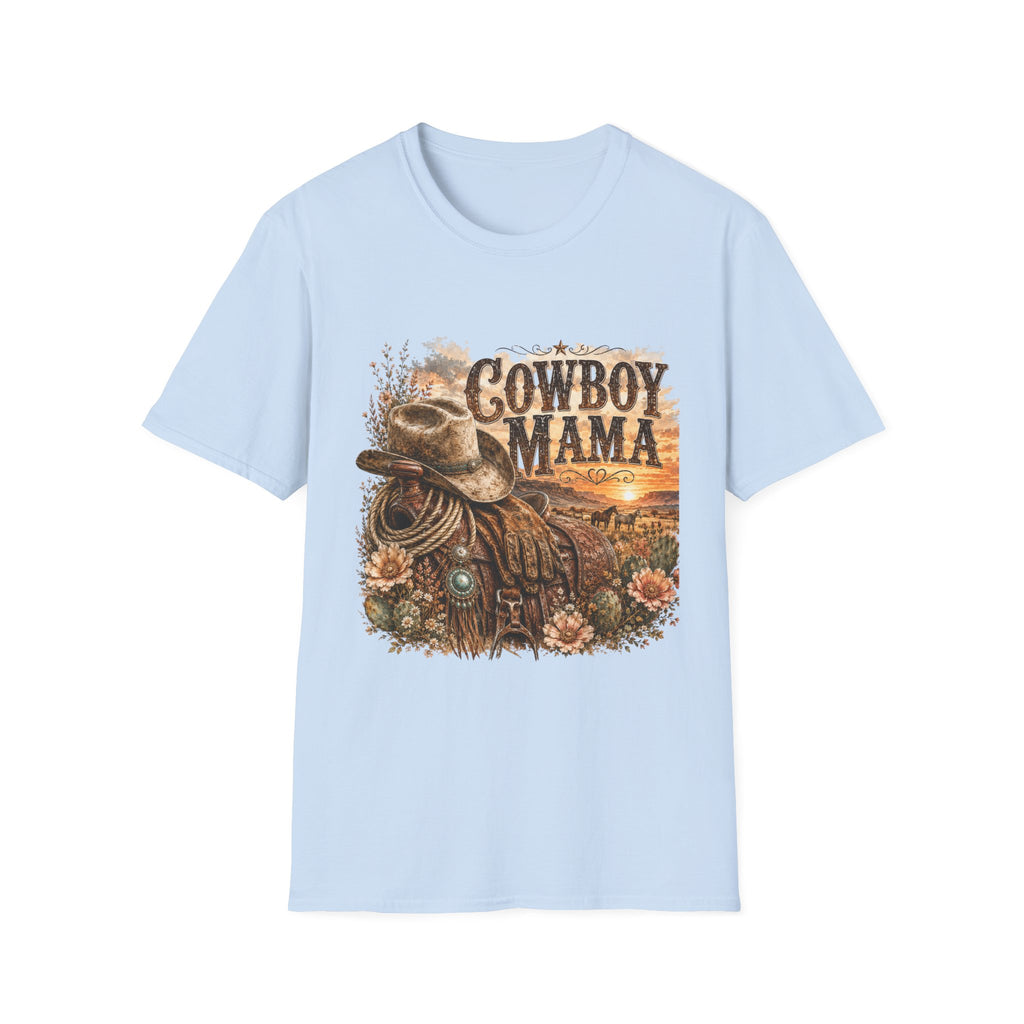 Cowboy Mama T-Shirt | Western Cowgirl Hat Horseshoe Sunset Design