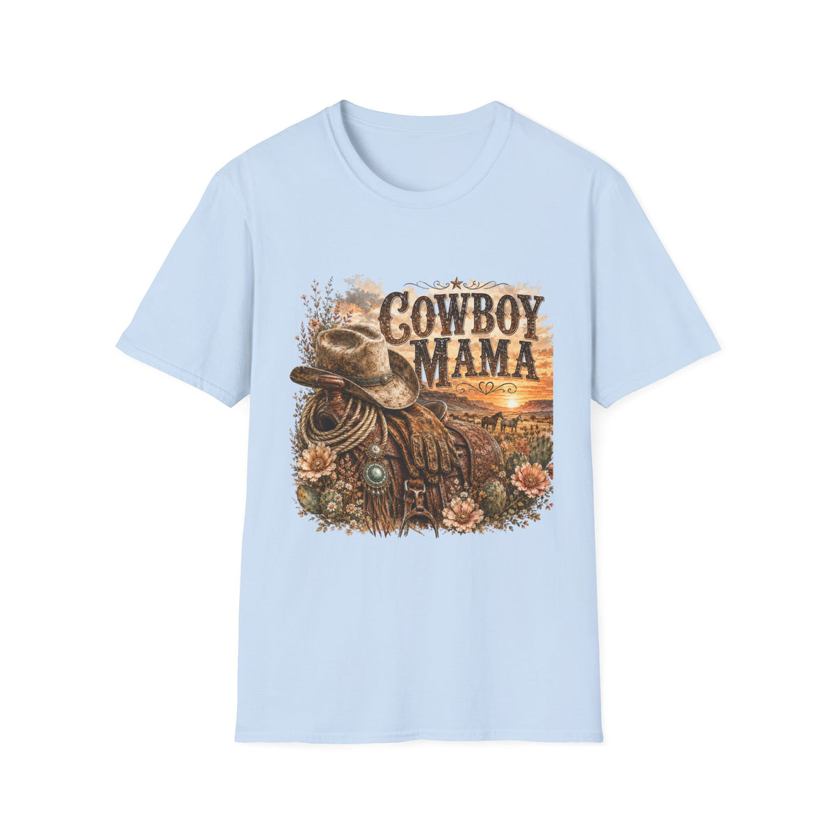 Cowboy Mama T-Shirt | Western Cowgirl Hat Horseshoe Sunset Design