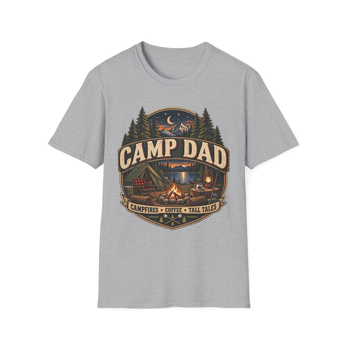 Camp Dad T-Shirt | Camping Cabin Moon Forest Design
