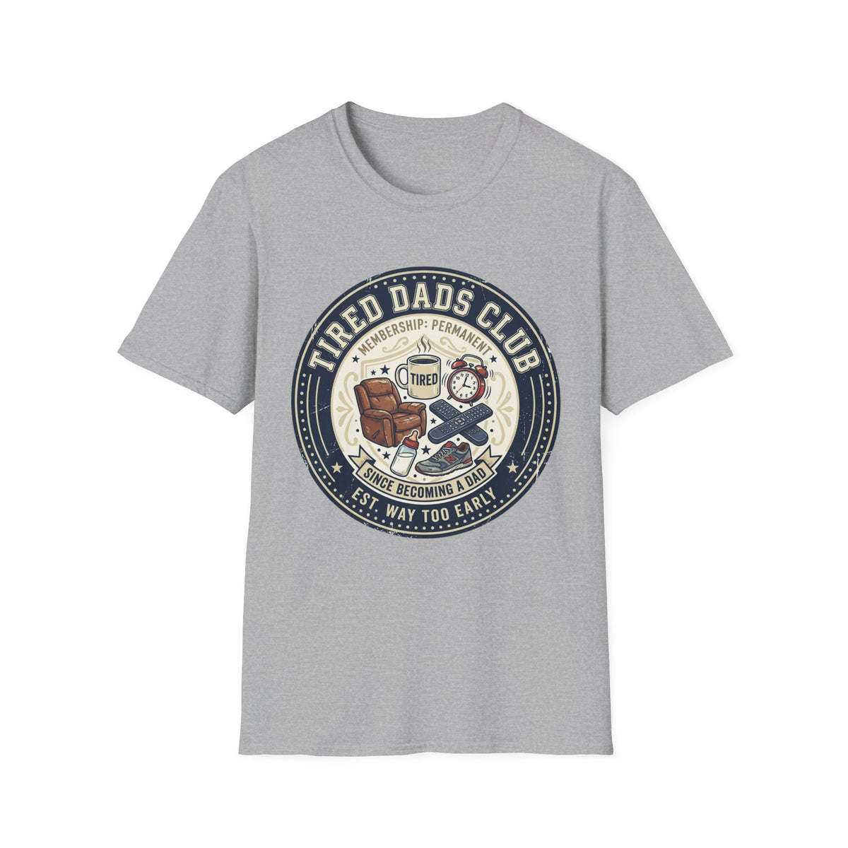 Tired Dads Club T-Shirt | Dad Life Vintage Badge, Coffee & Recliner Design
