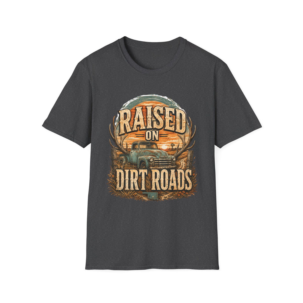 Raised on Dirt Roads T-Shirt | Truck, Antlers, Sunset Rustic Design