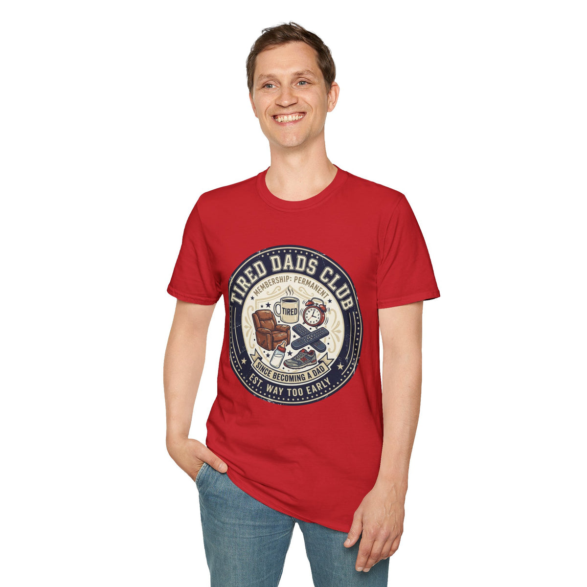 Tired Dads Club T-Shirt | Dad Life Vintage Badge, Coffee & Recliner Design