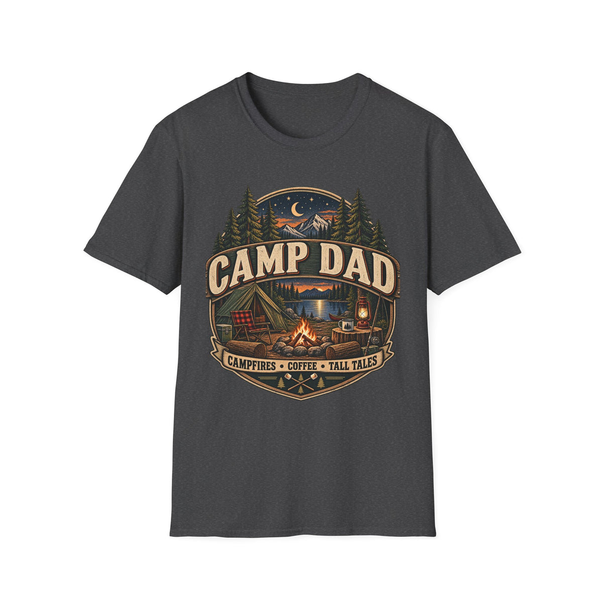 Camp Dad T-Shirt | Camping Cabin Moon Forest Design