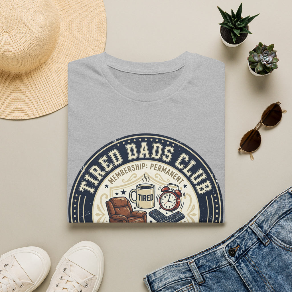 Tired Dads Club T-Shirt | Dad Life Vintage Badge, Coffee & Recliner Design