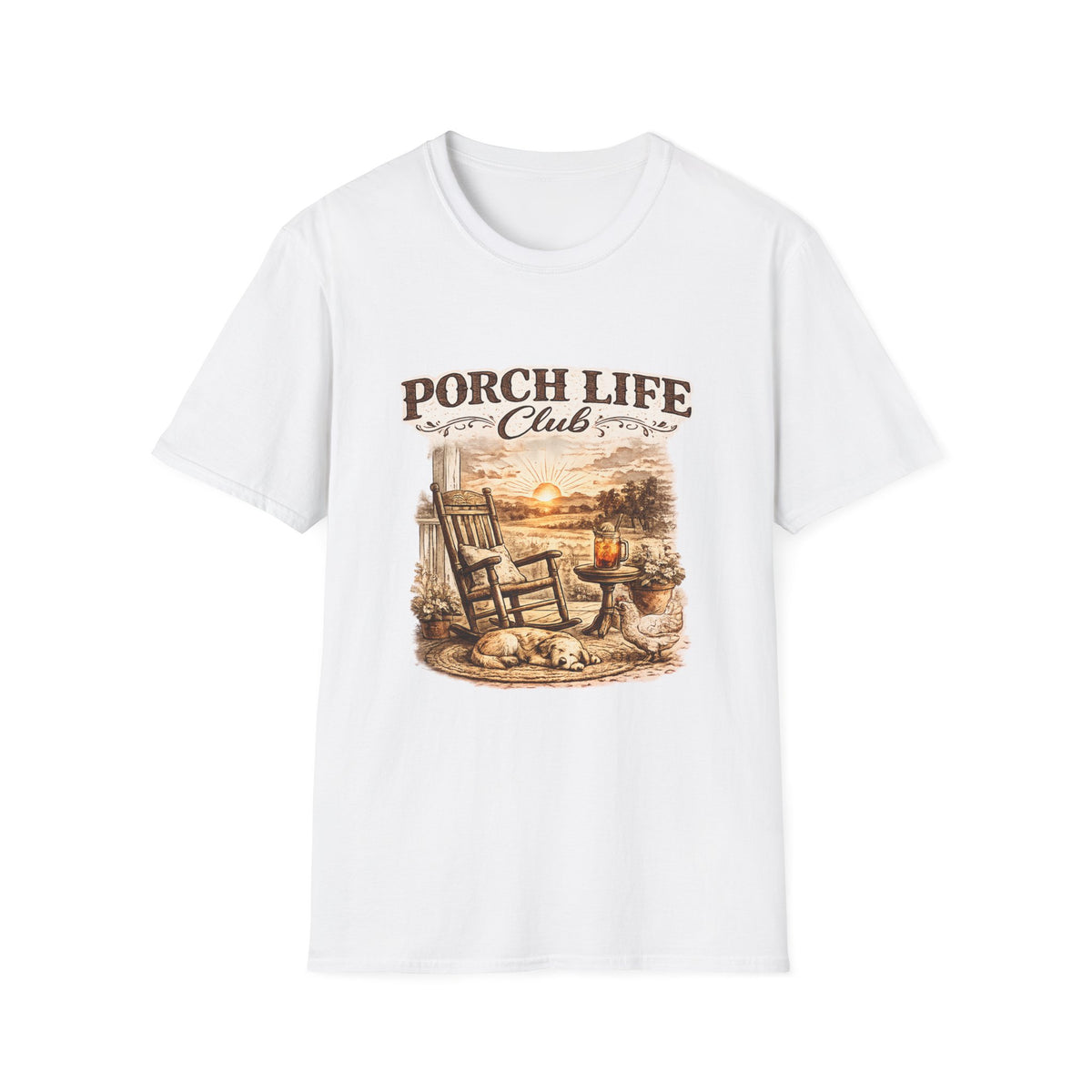 Porch Life Club T-Shirt | Rustic Sunset Rocking Chair Country Design