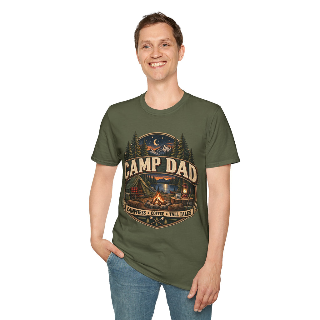 Camp Dad T-Shirt | Camping Cabin Moon Forest Design