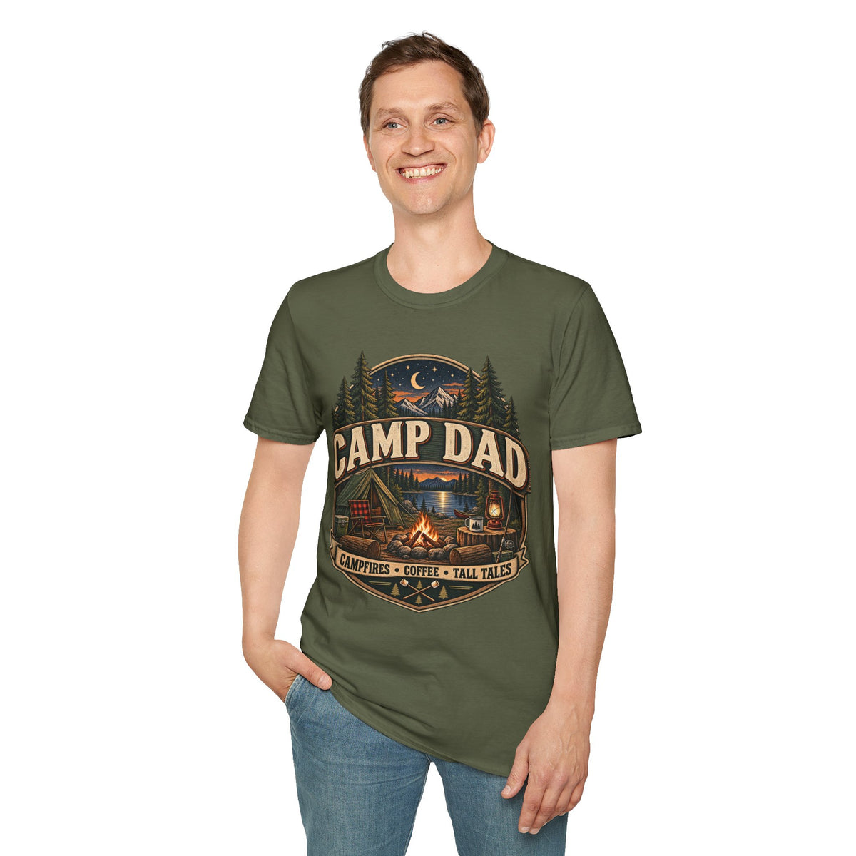 Camp Dad T-Shirt | Camping Cabin Moon Forest Design