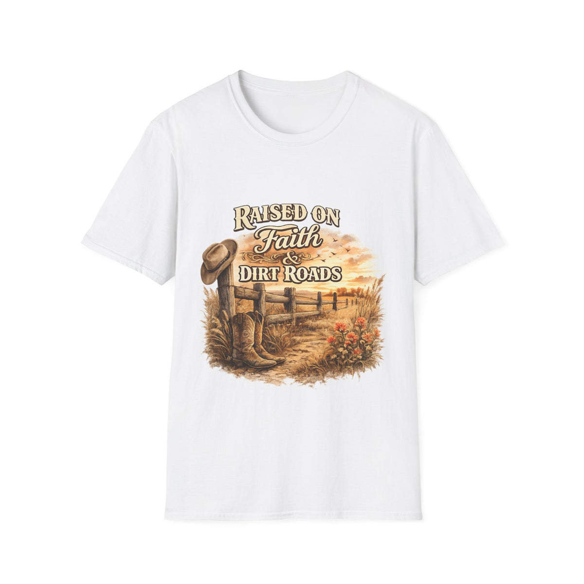 Raised on Faith & Dirt Roads T-Shirt | Country Farm Faith Graphic