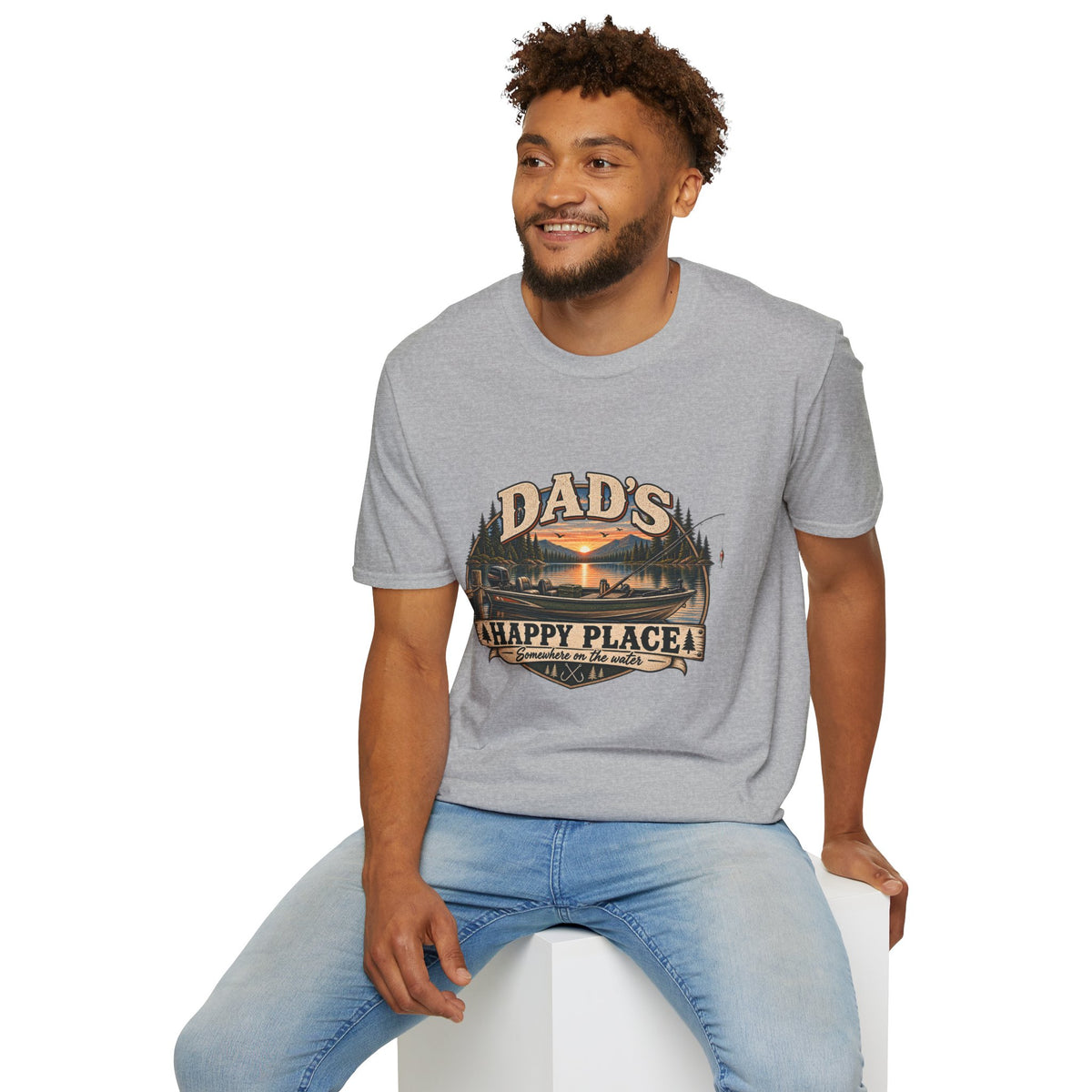 Dad's Happy Place T-Shirt | Lake Sunset Fishing Cabin Design